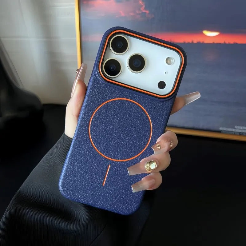 TPU magnetic phone case with litchi pattern texture in black, showing shockproof full-coverage fit for iPhone