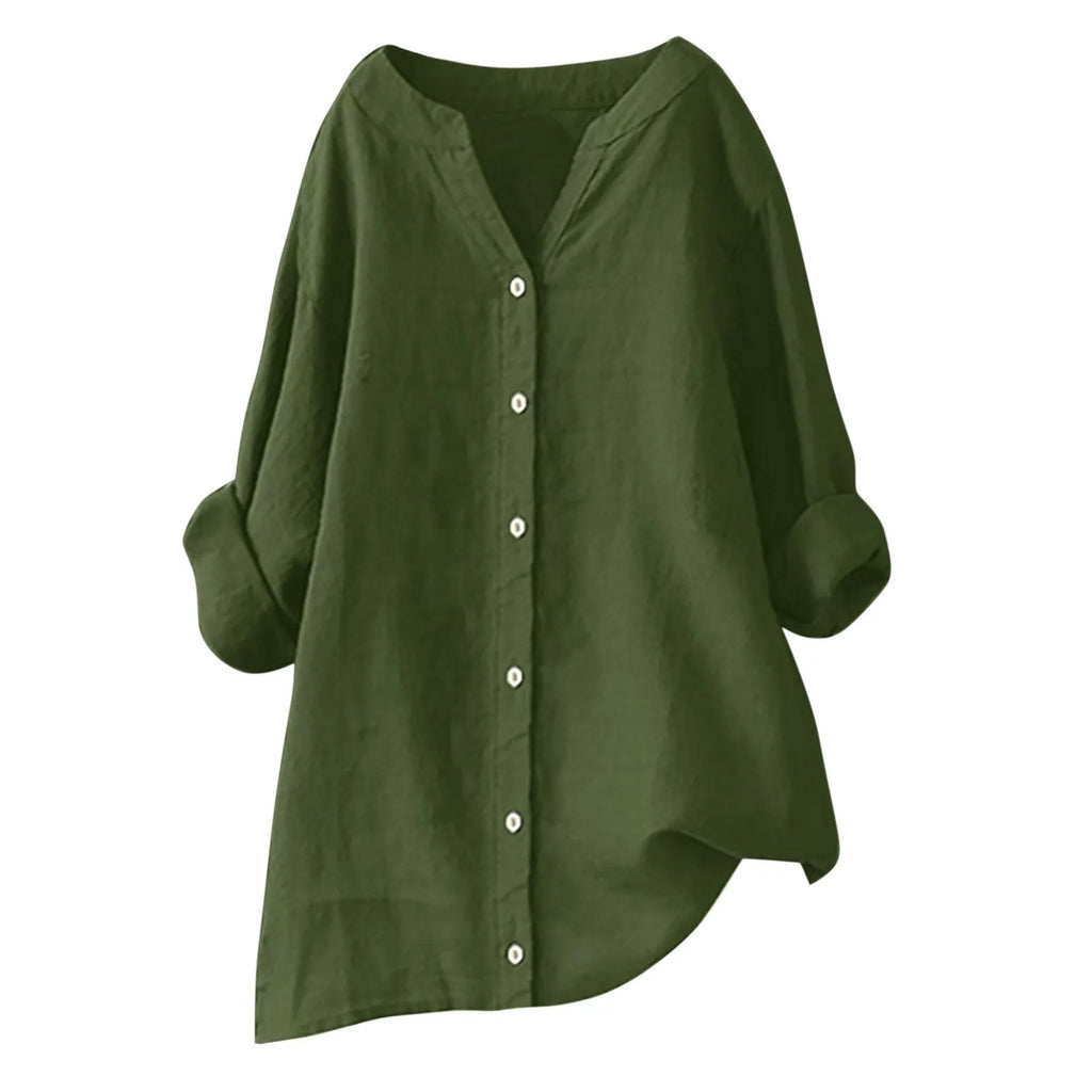 Women's cotton and linen long sleeve button shirt in loose fit, solid colour, front view