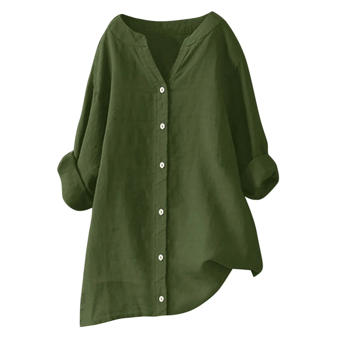 Women's cotton and linen long sleeve button shirt in loose fit, solid colour, front view