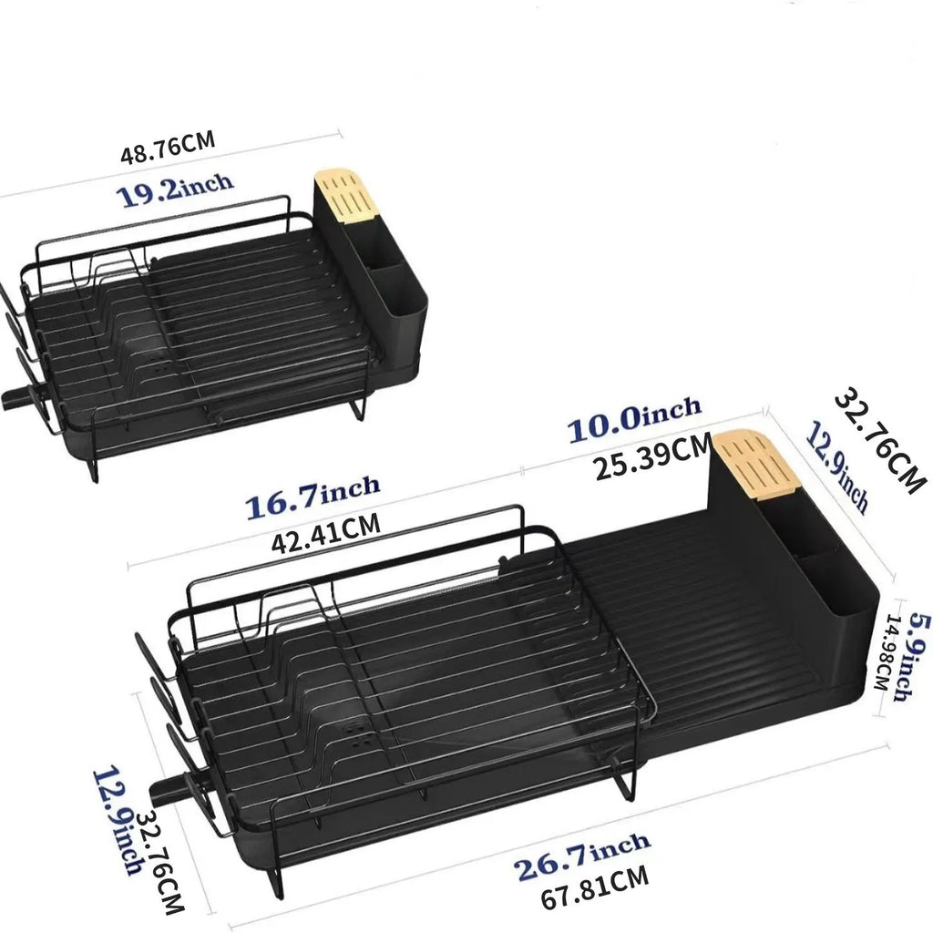 Retractable carbon steel kitchen dish drain rack holding cutlery and cups on sink