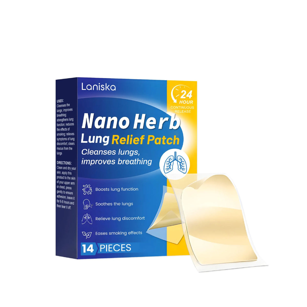 Box of 14 lung care soothing paste patches with vitamin E, ginger root, licorice root, and ginkgo leaf on white background