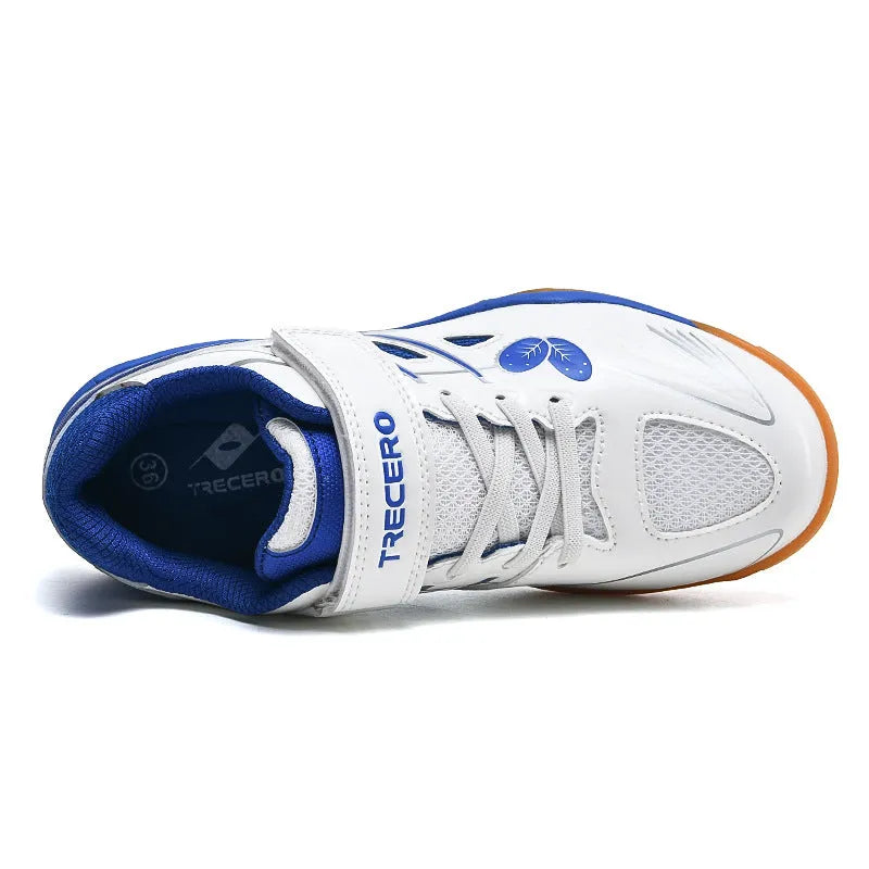 White and blue badminton shoes with PVC upper, rib bottom sole, and low-top wedge design