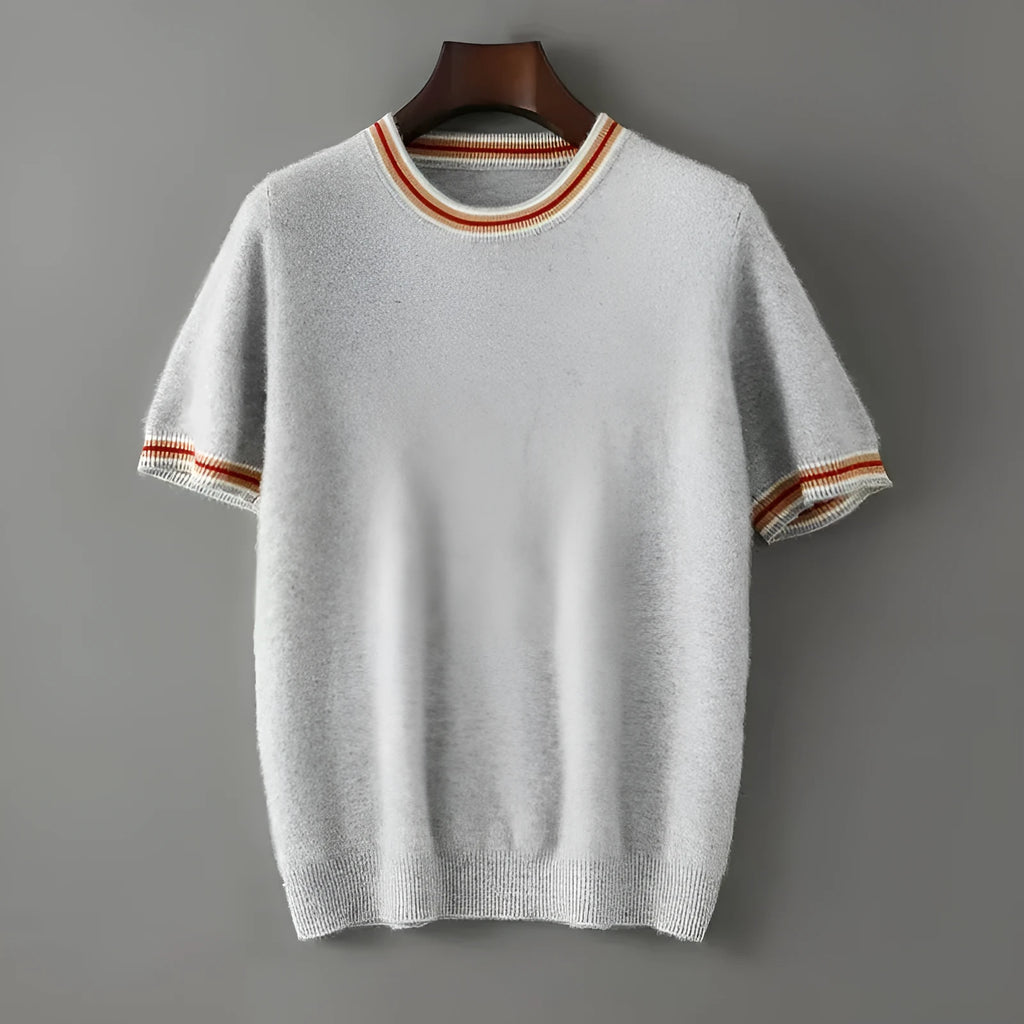 Men's grey pure wool short sleeve round neck sweater on hanger
