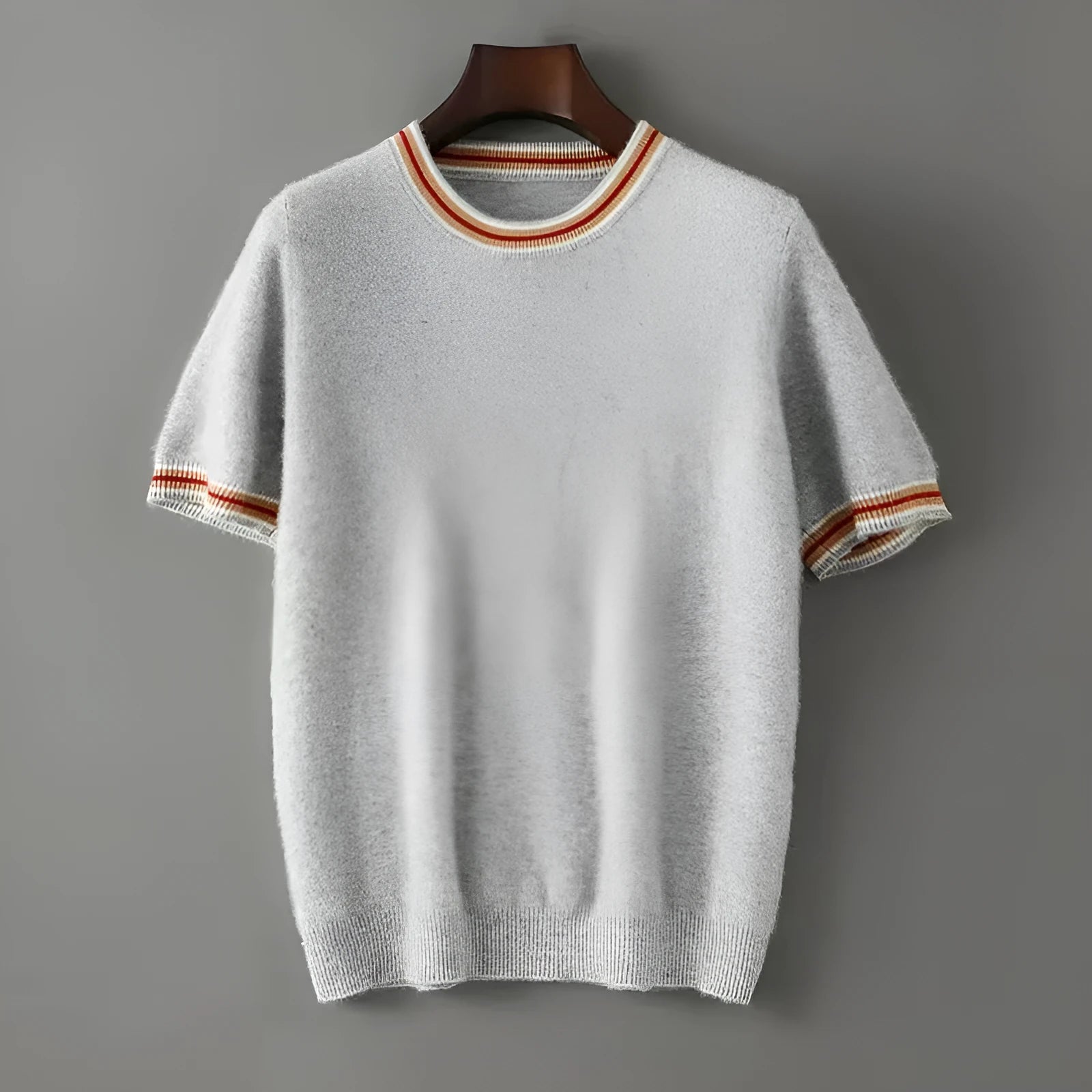 Men's grey pure wool short sleeve round neck sweater on hanger