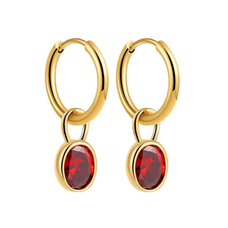 Women's retro simple oval zircon earrings in white, emerald, army green, black, red, blue copper base