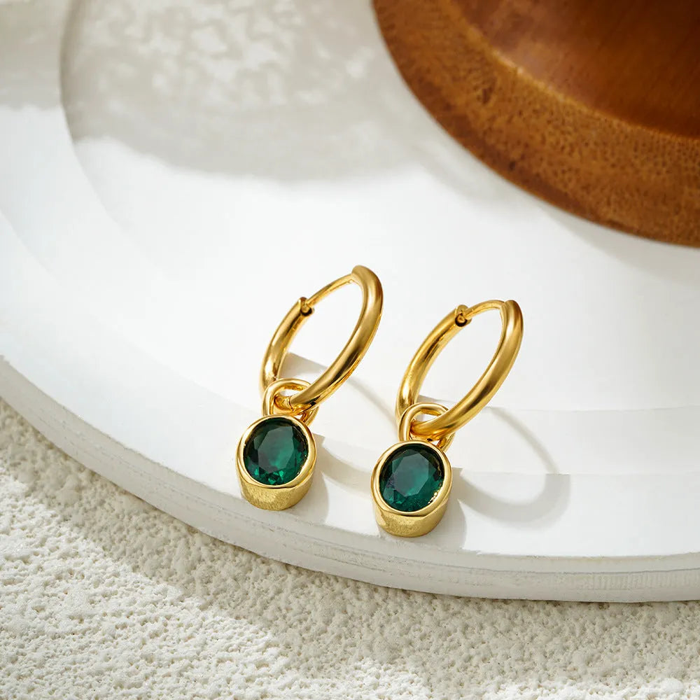 Women's retro simple oval zircon earrings in white, emerald, army green, black, red, blue copper base