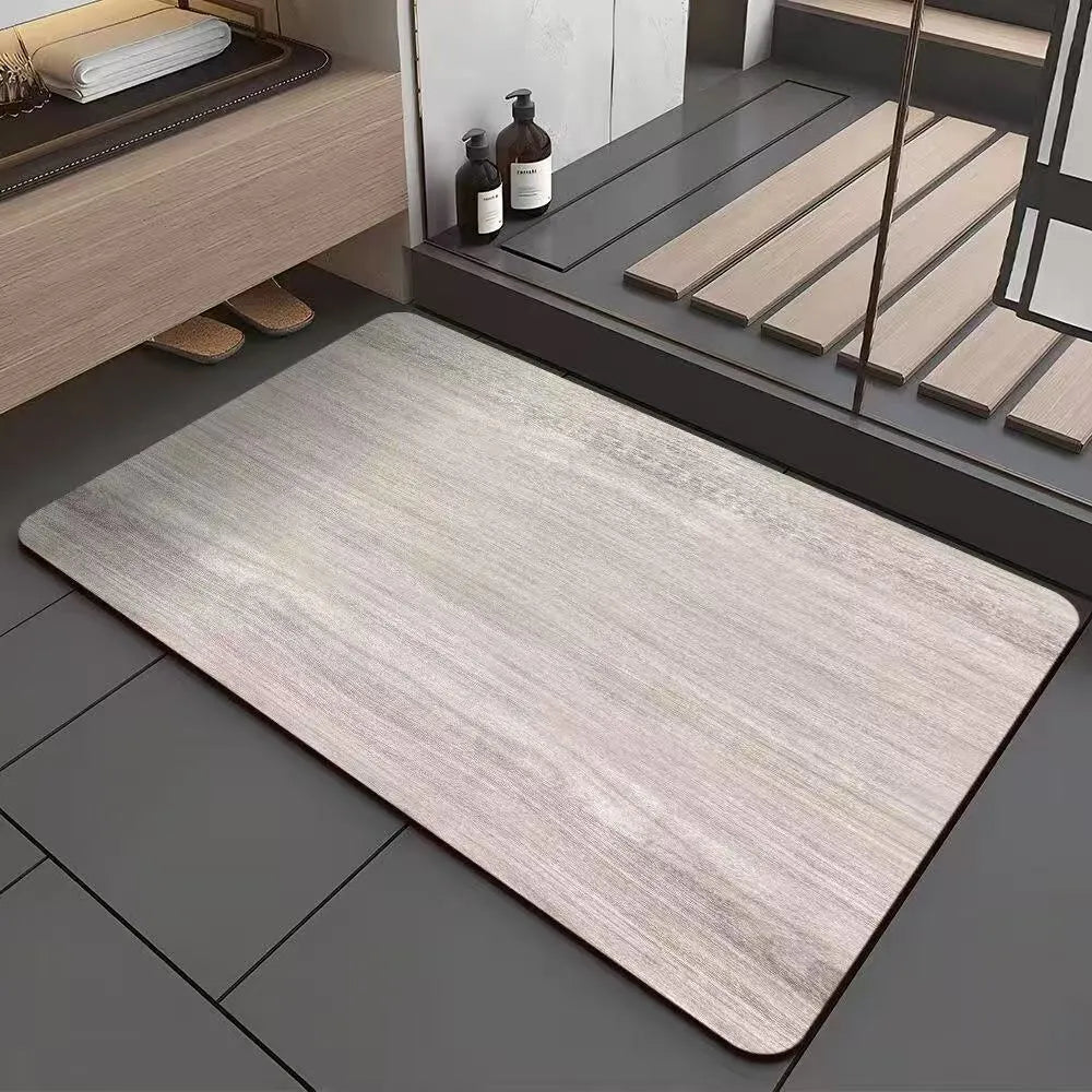 Square American-style floor mat with geometric wood grain pattern for bathroom doorway.