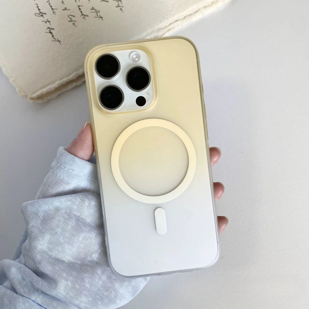 Frosted gradient blue magnetic suction phone case for iPhone, showing ultra-thin PC construction.