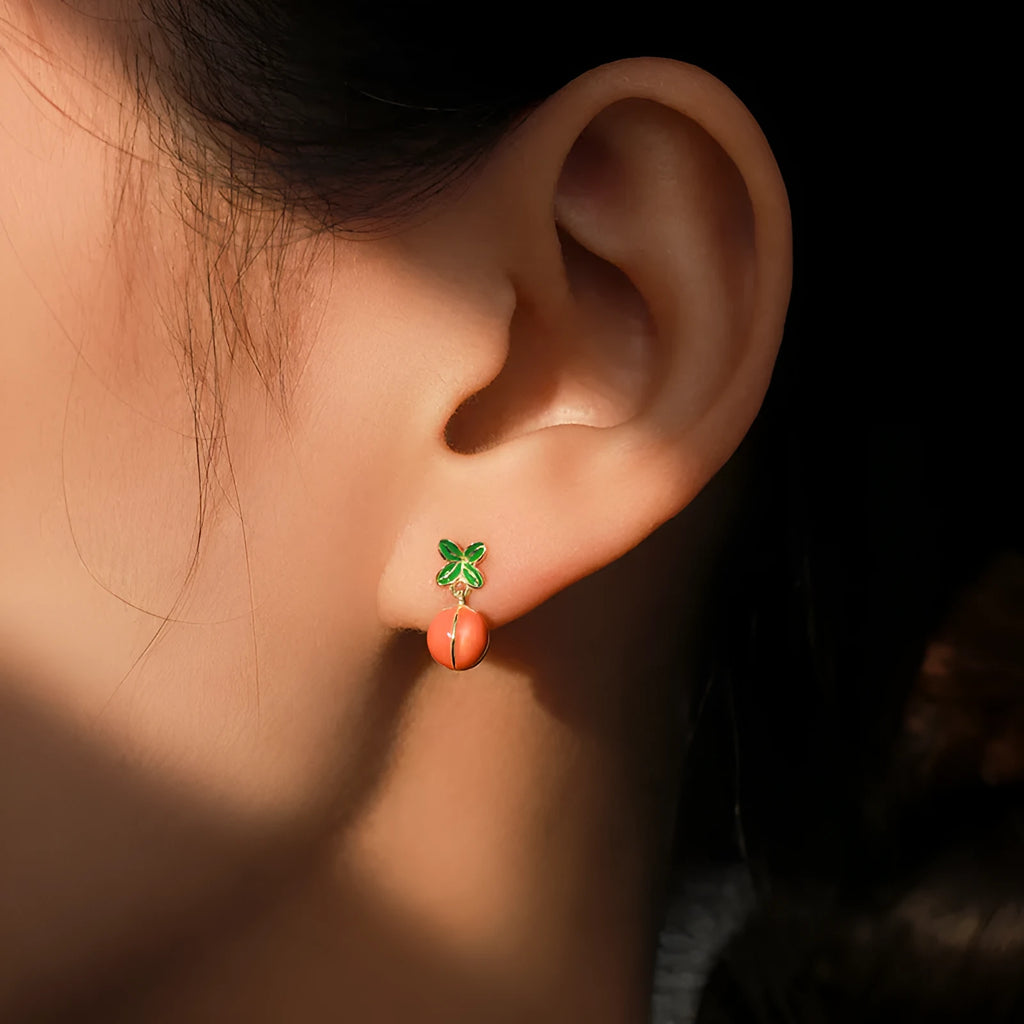 925 sterling silver persimmon stud earrings with lucky fruit design in New Chinese style