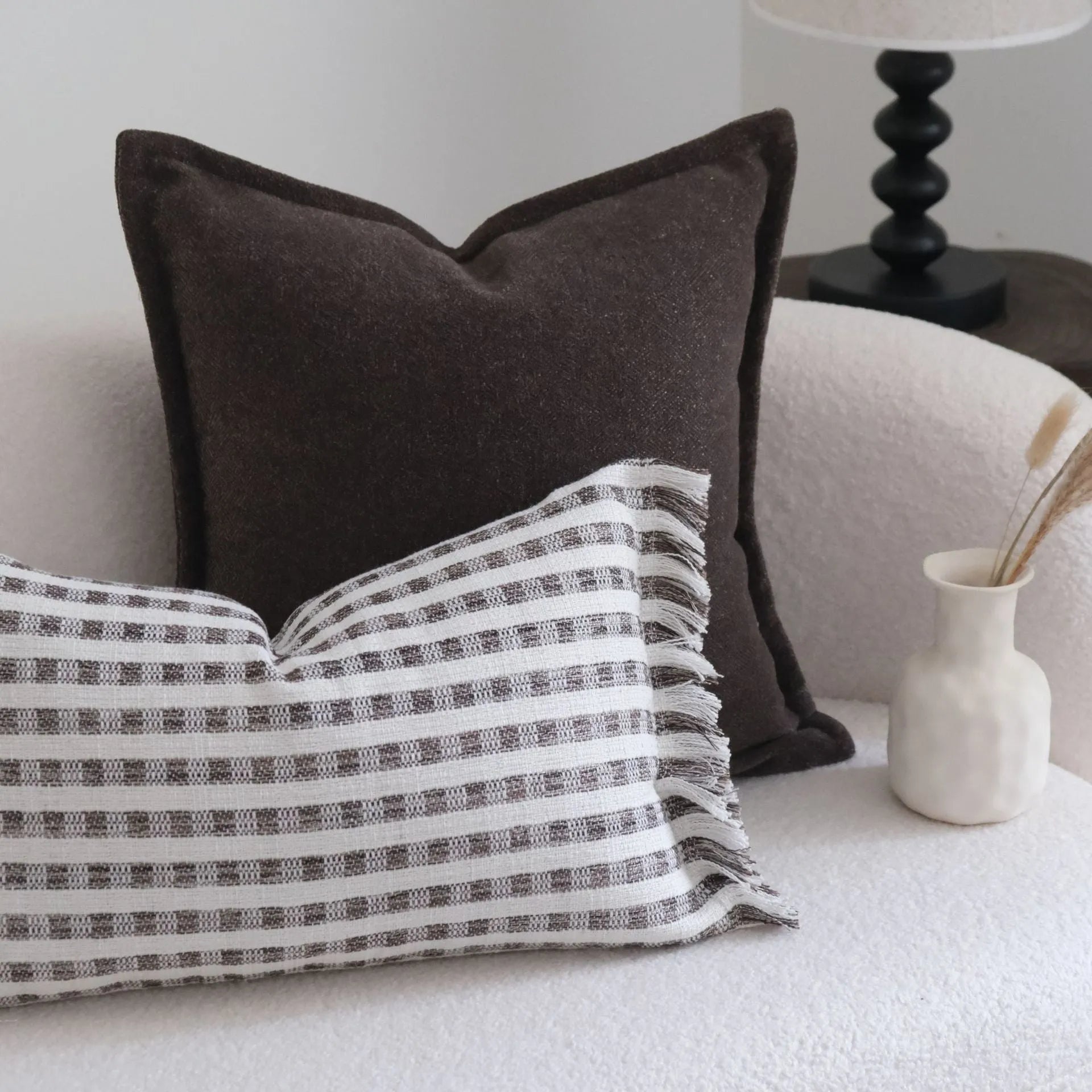 Coffee brown striped mid-century cushion pillow on sofa in square and rectangular sizes