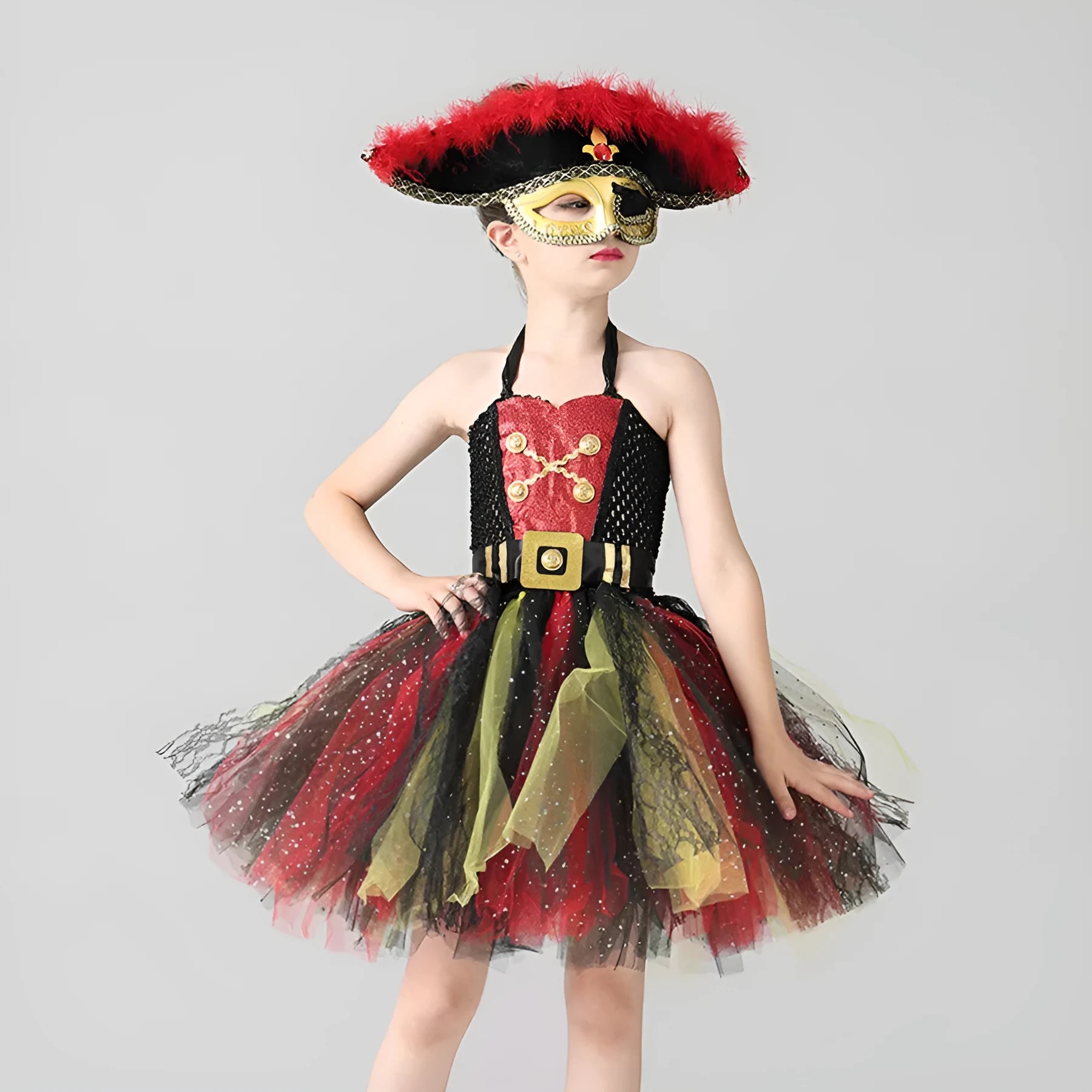 Girls sleeveless pirate costume dress with gauze mesh skirt, sequins, and lace detail