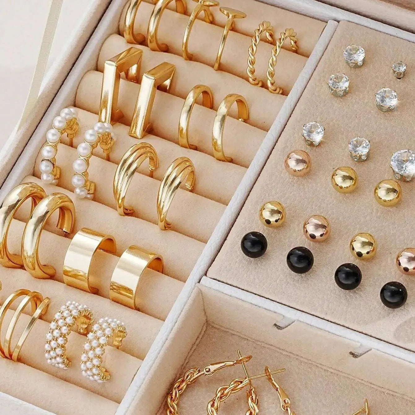 108-piece pearl earrings combination with geometric round design in gold and yellow electroplated finishes