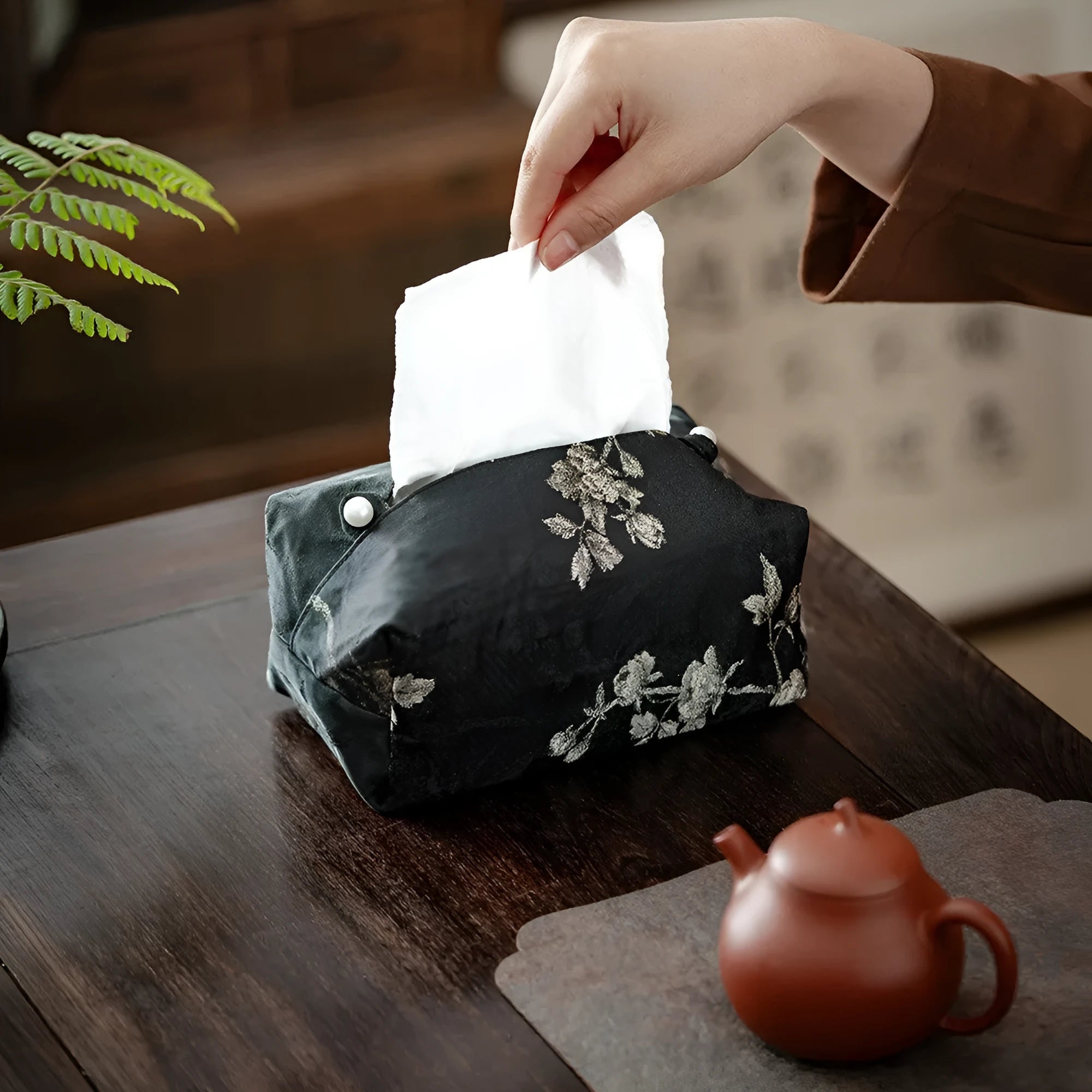 New Chinese style brocade fabric tissue box with embroidered white plum pattern and pearl buckle detail