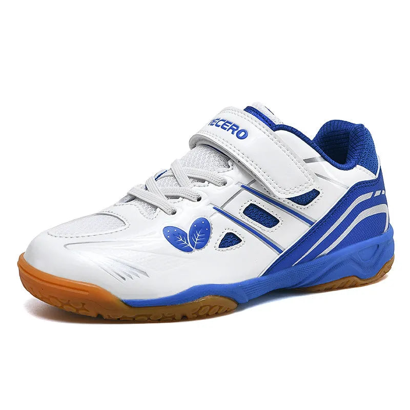White and blue badminton shoes with PVC upper, rib bottom sole, and low-top wedge design