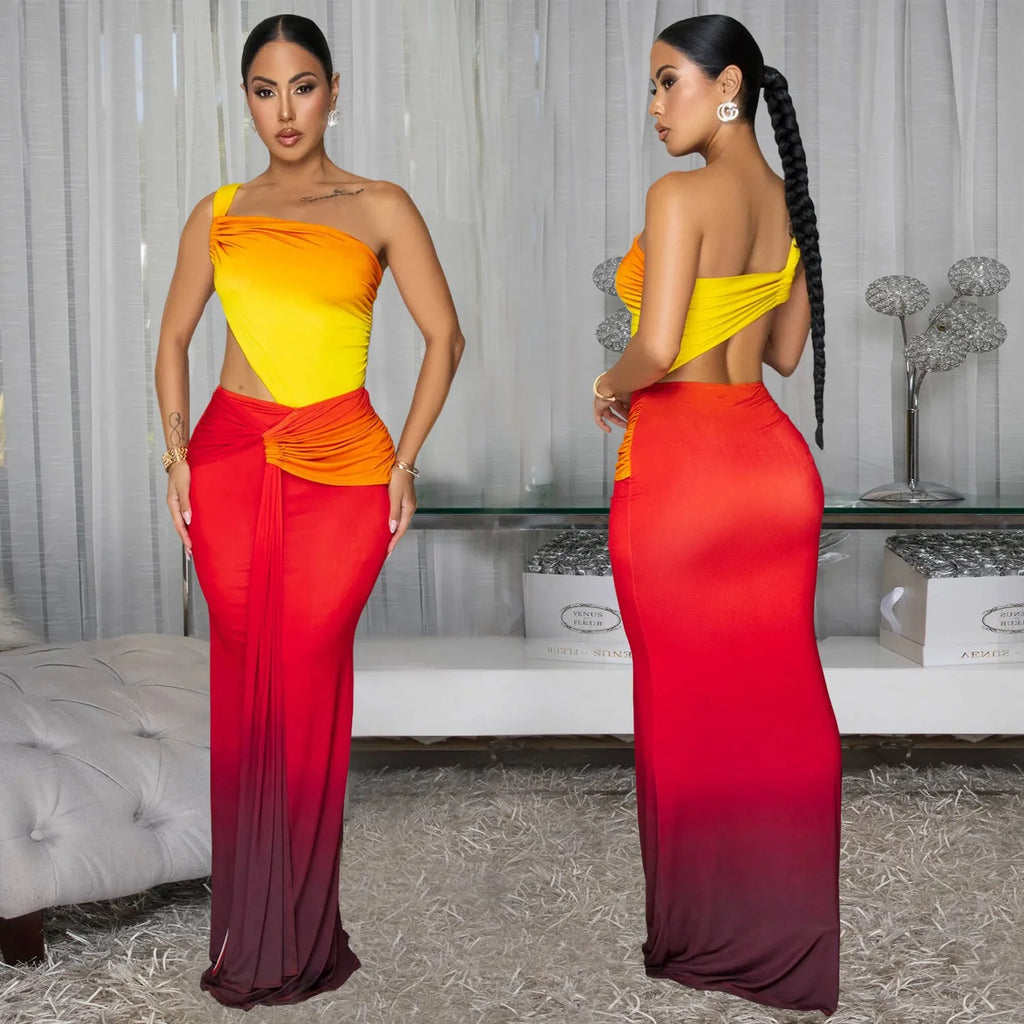 Women's gradient colour off-the-shoulder sleeveless summer dress with a high waist and long skirt.