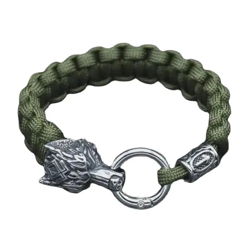 Stainless steel wolf head bracelet with Luen character in camouflage colour showing retro styling