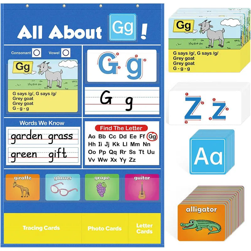 Large blue alphabet learning chart with slots for cards, surrounded by word, letter, and picture cards for children's education.