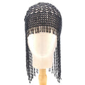 Handmade beaded belly dance hat ornament with tassels in silver or black mesh decoration