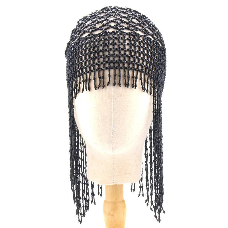 Handmade beaded belly dance hat ornament with tassels in silver or black mesh decoration