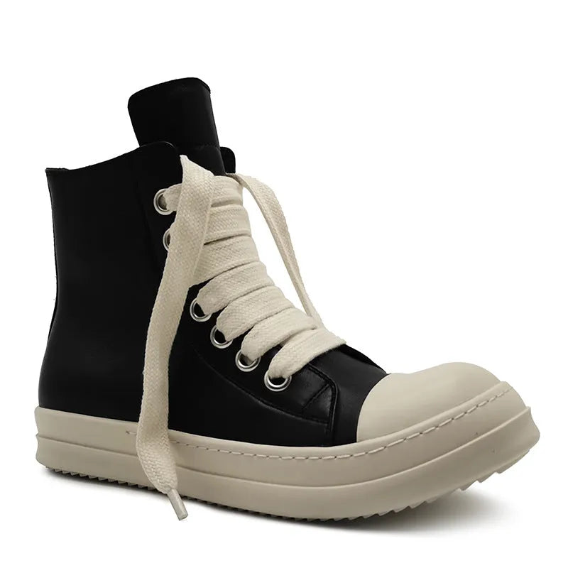 Black high-top leather sneakers with side zipper and round toe on a platform sole.