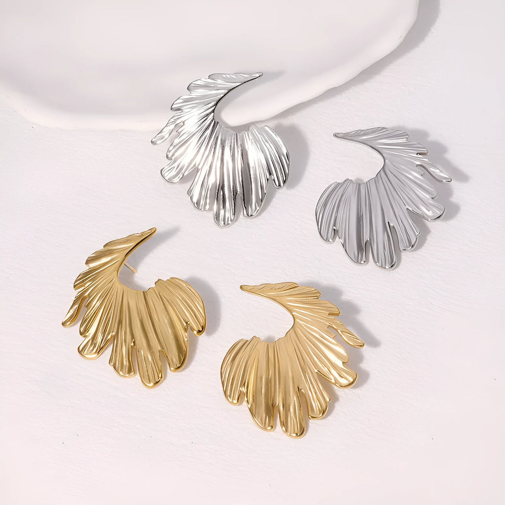 Stainless steel leaf stud earrings with electroplated gold or steel finish