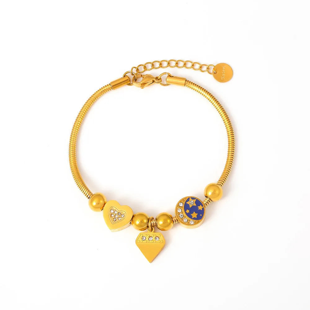 Gold stainless steel women's bracelet with heart-shaped geometric drop oil design on chain