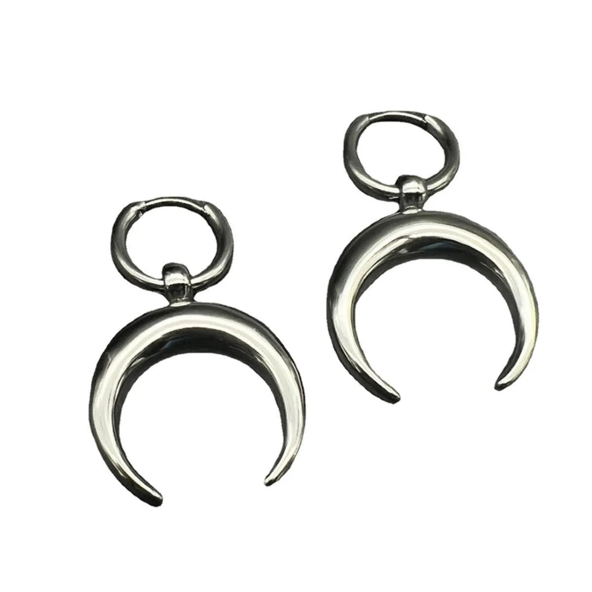Silver geometric moon hoop earrings with clip-on back for punk gothic style