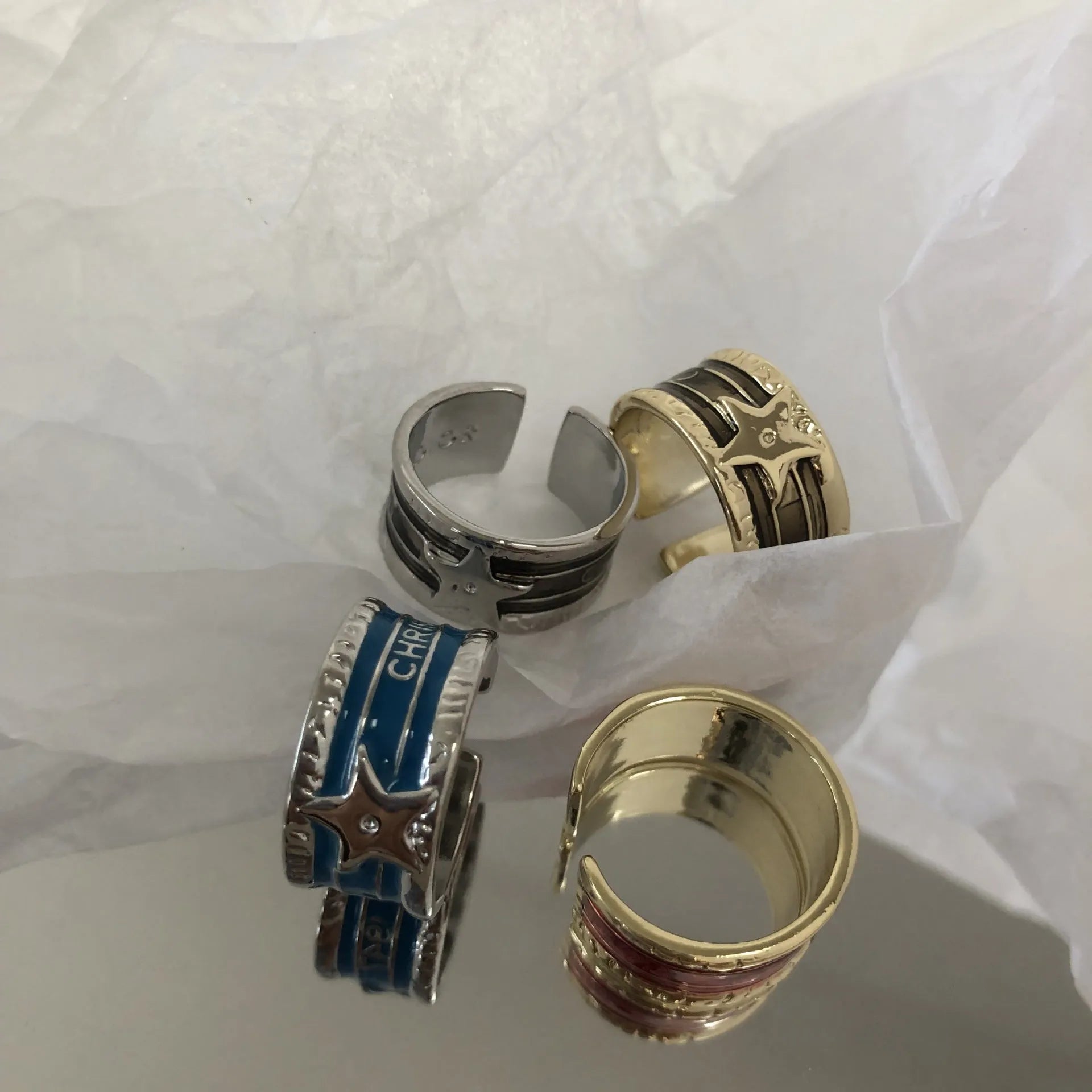 Retro distressed geometric copper ring with adjustable sizing in four colour options