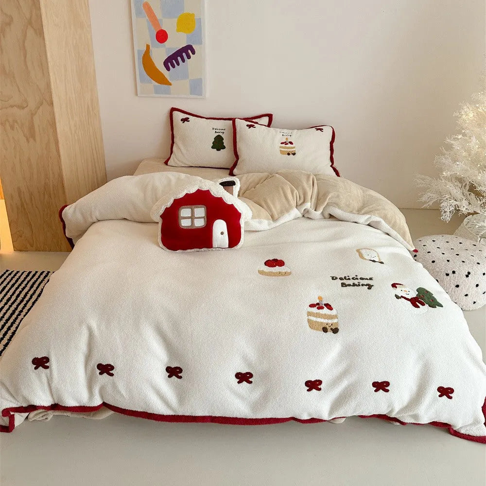 Cartoon heart pattern winter bedding four-piece set with quilt cover, bed sheet, and pillowcases