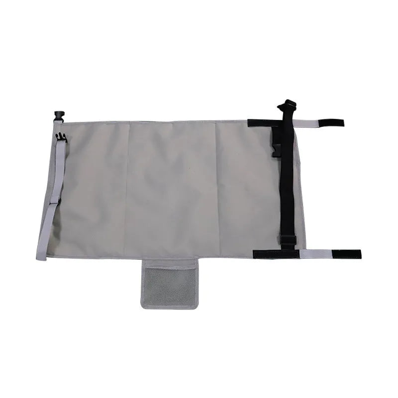 Portable blue children's aircraft seat extender with removable drawstring storage pocket folded for travel