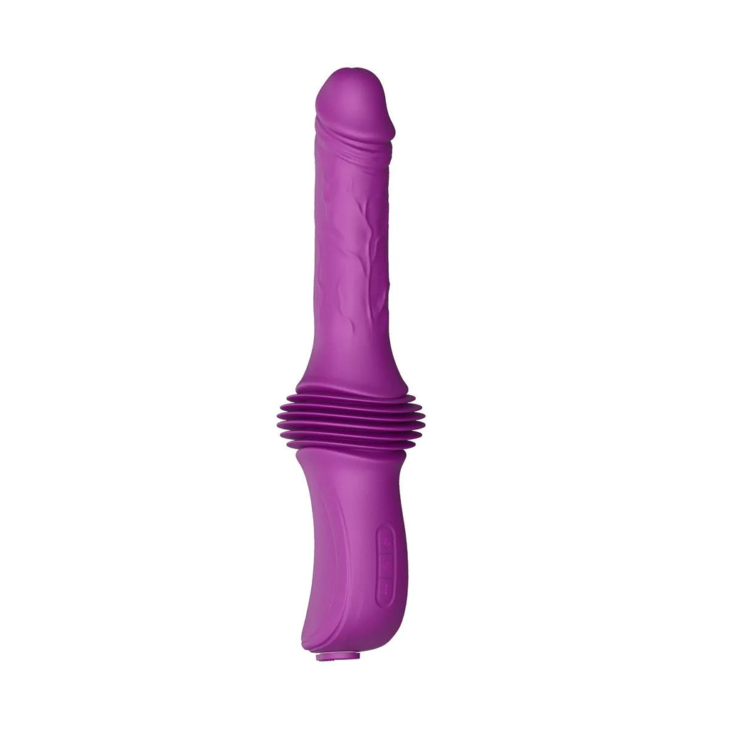 Purple silicone adult vibrator with heating, thrusting, and auto-expansion functions, static size 290x76x42mm