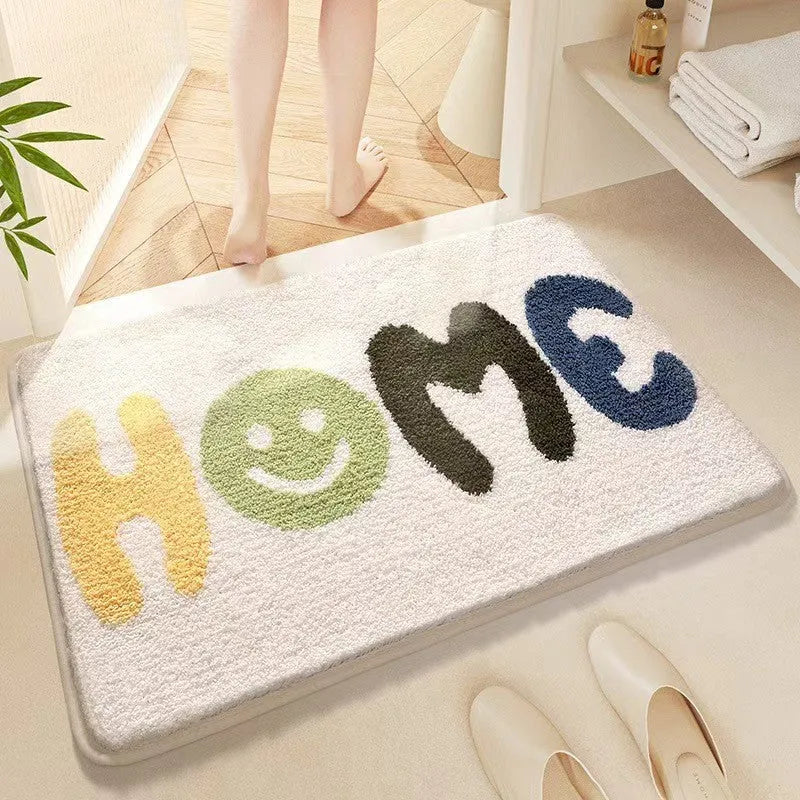 Square polyester fibre floor mat with rainbow pattern, plastic bottom, Sky Sea colour