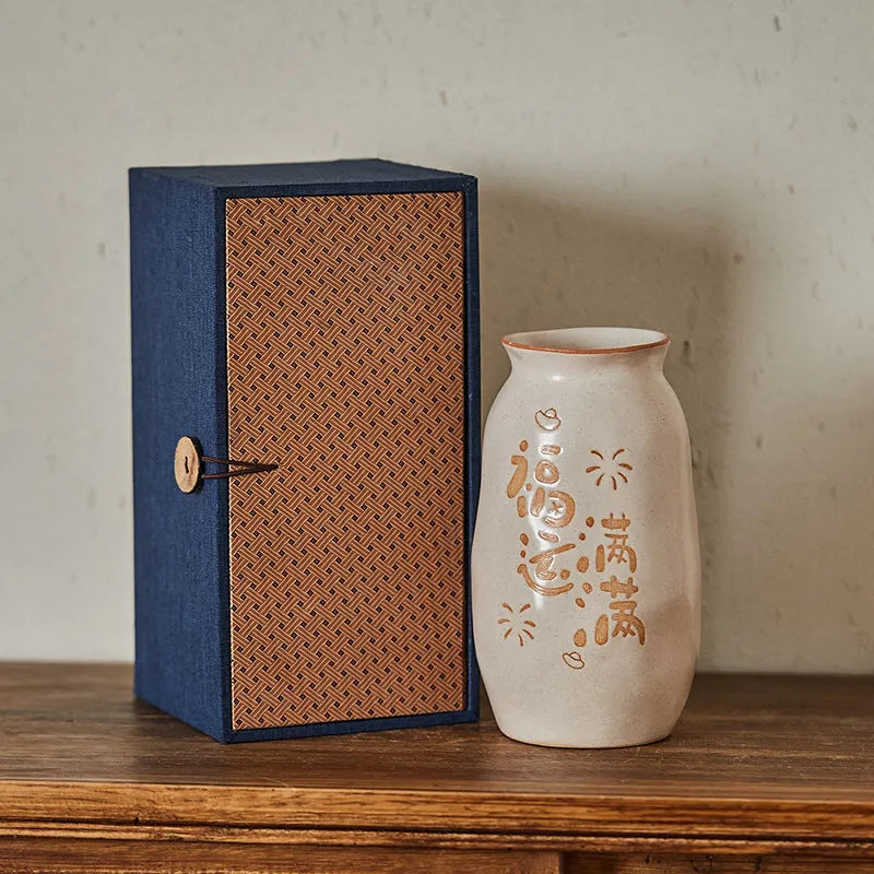 Chinese hand-painted ceramic joy vase with traditional carving on 8cm base