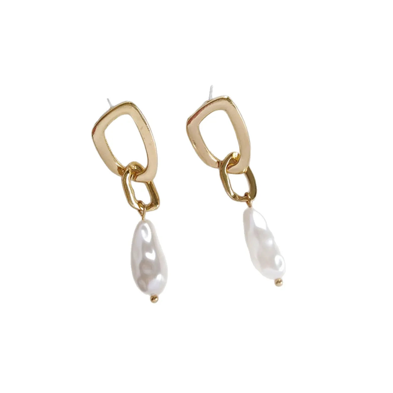 Gold copper irregular French pearl pendant earrings with a geometric shape for women