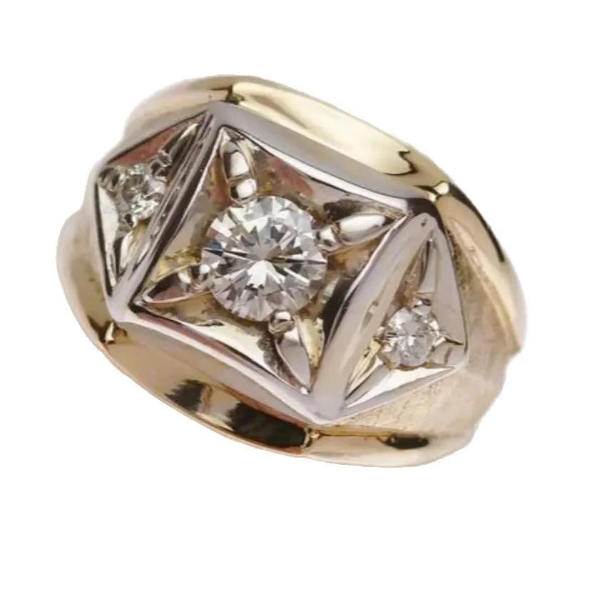 Copper geometric hollow couple rings with wide face design showing chamfering square pattern in gold colour