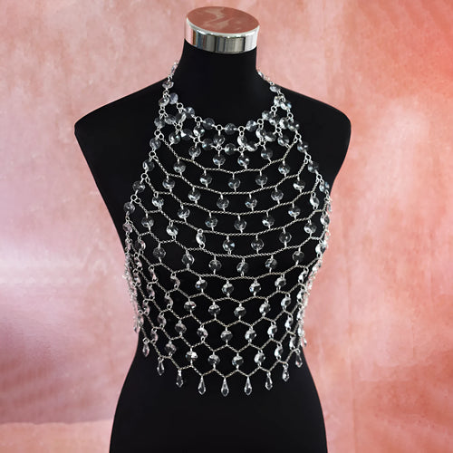 Transparent acrylic crystal body chain with hand-woven plastic and resin sequins in round shapes