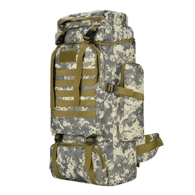 110L outdoor travel backpack with air pillow belt system in jungle camouflage colour