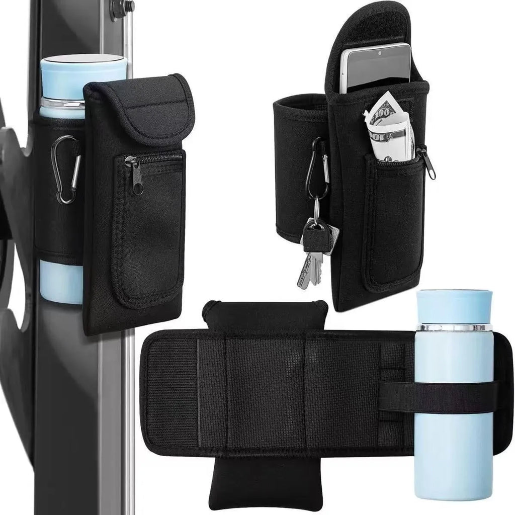 Cloth water bottle sleeve with magnetic clip in black, holding a large sports bottle