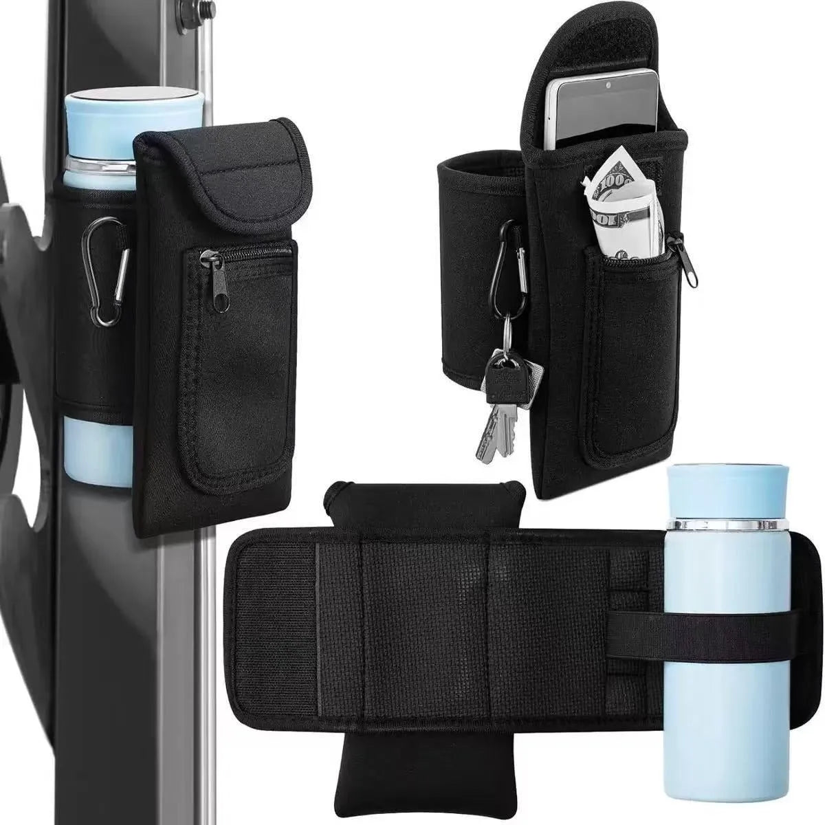 Cloth water bottle sleeve with magnetic clip in black, holding a large sports bottle