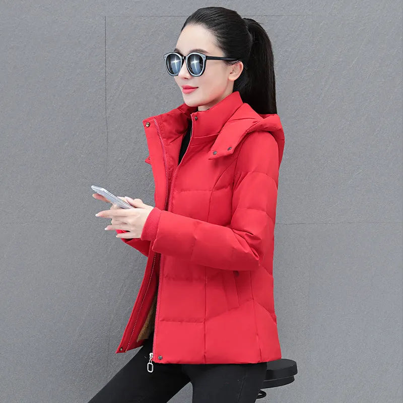Women's short thick down jacket in black, slim fit with long sleeves and pocket detail