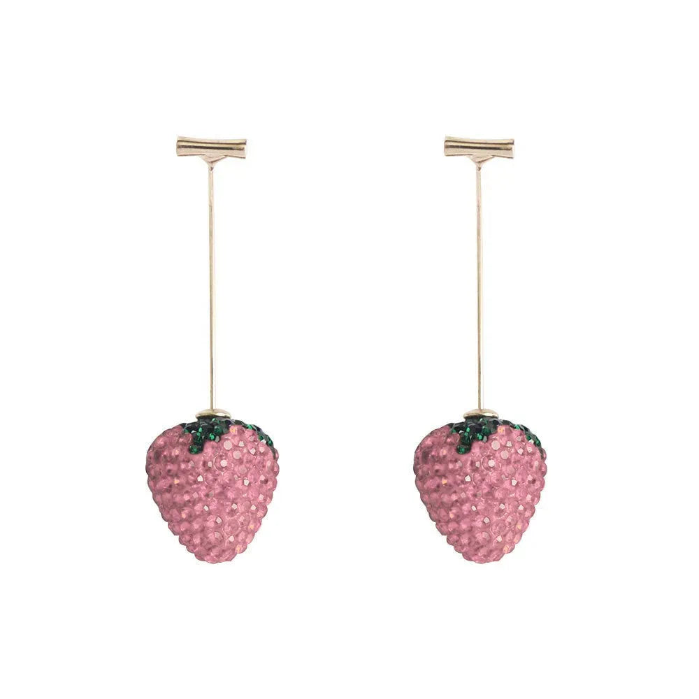 Pair of women's geometric strawberry charm earrings in zinc alloy, spot drill red finish.