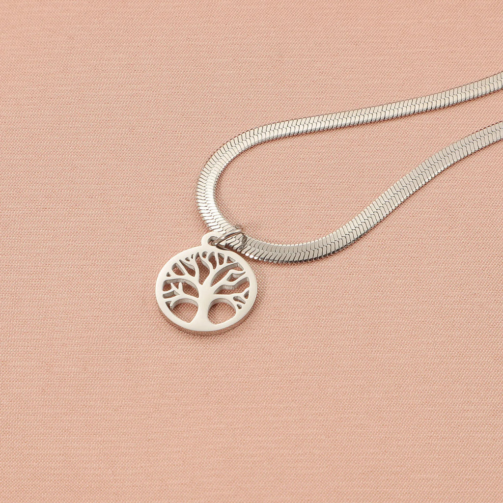 Stainless steel tree necklace with adjustable chain and U-shaped pendant in gold or steel colour
