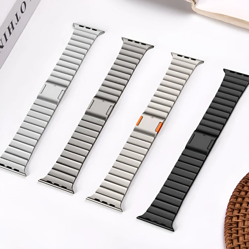Stainless steel Apple Watch strap with magnetic buckle in business style, showing silver colour option