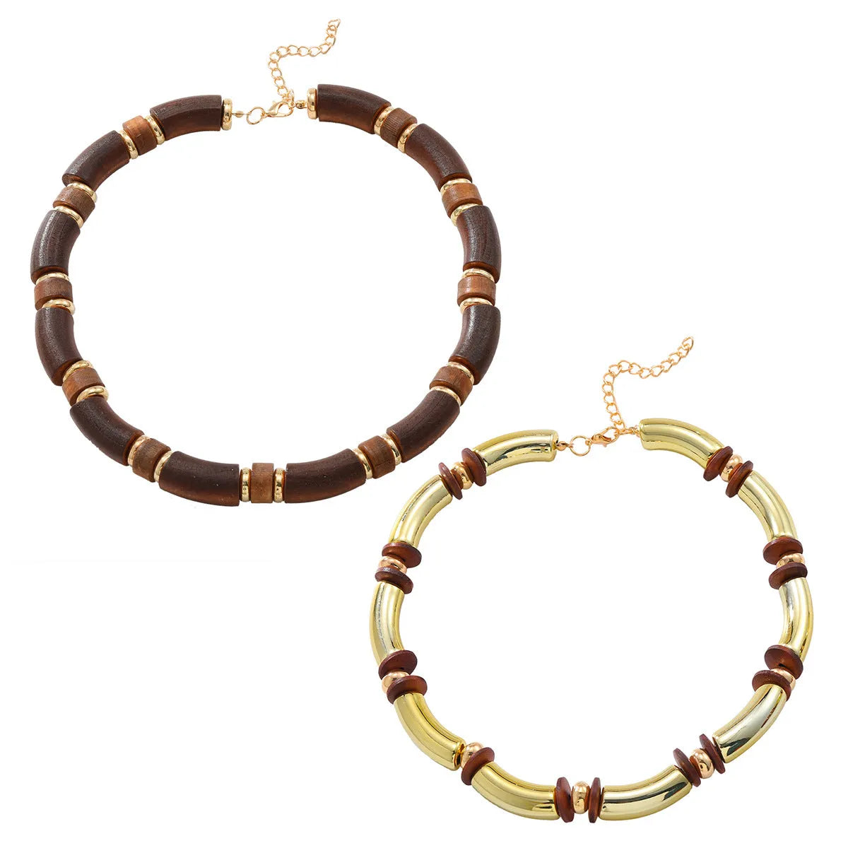 Women's multi-layer wooden necklace and bracelet set with alloy round pendant