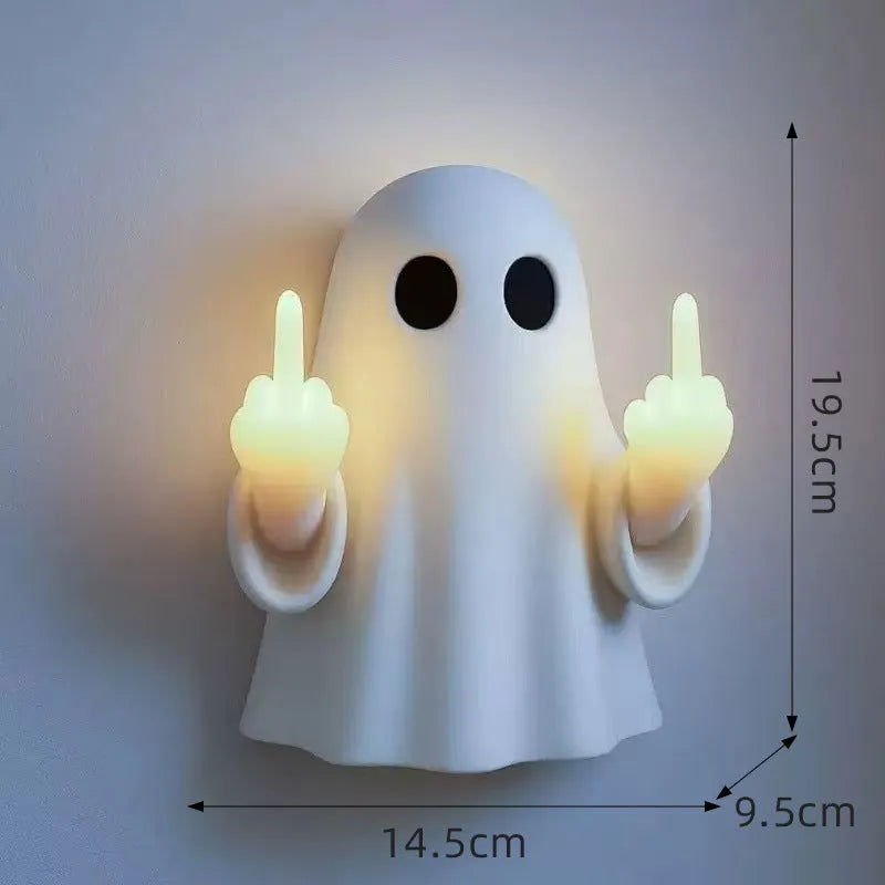 Plastic ghost statue night lamp in white with a modern simple style, 19.85cm tall, on a wooden shelf