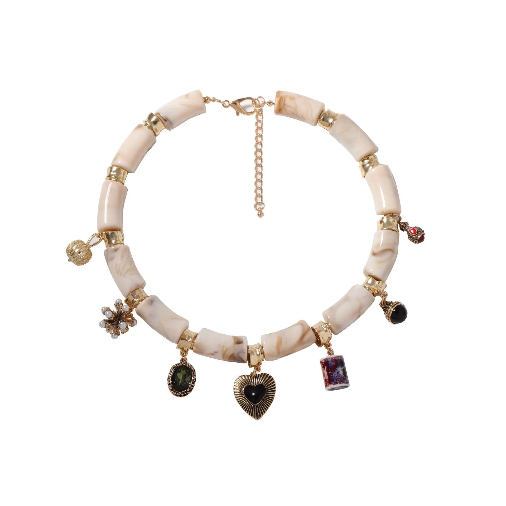 Heart-shaped resin and plastic pendant necklace with an electroplated finish for women.