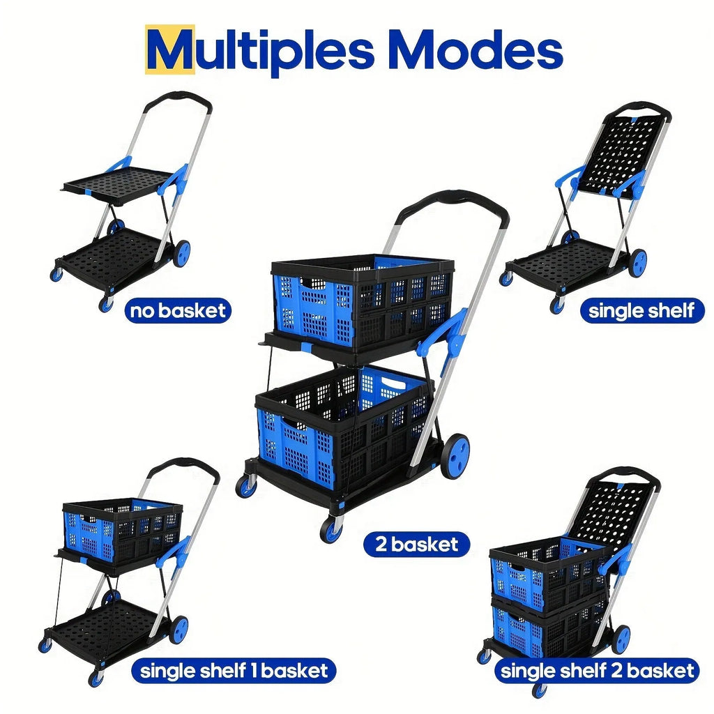 Blue foldable shopping cart with two plastic baskets, shown in an open, ready-to-use position.