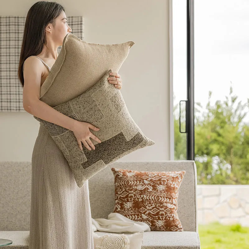 Solid colour decorative cushion with PP cotton filling on a sofa, shown in red coffee and plain colour options.