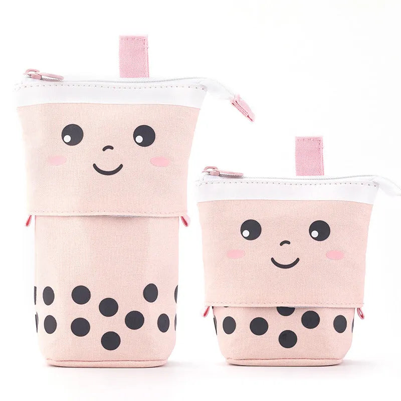 Canvas retractable pencil case with heart smiley face pattern in blue velvet milk tea colour