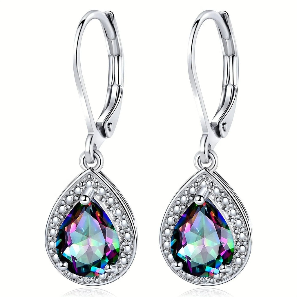 Platinum zinc alloy earrings with a coloured water drop stone in simple style